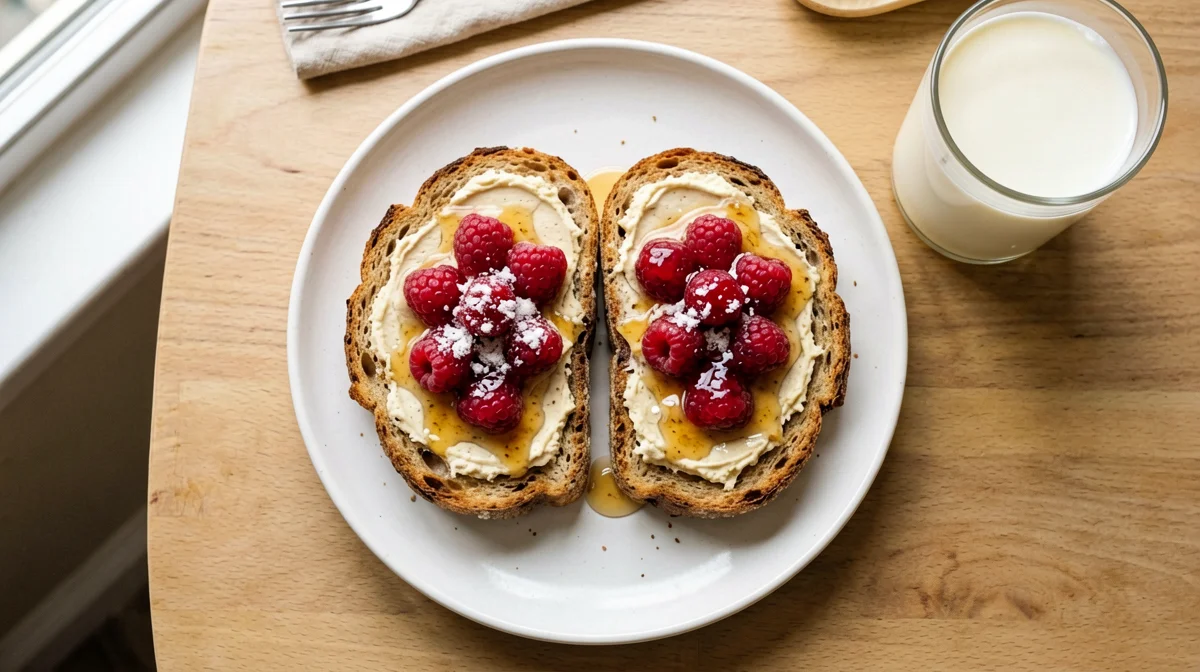 Toast integrale con crema di anacardi e lamponi