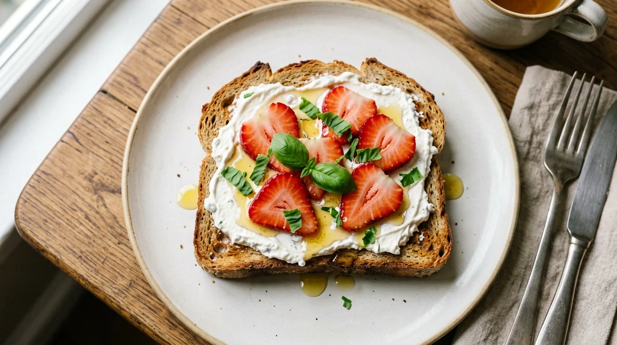 Pane integrale con skyr, fragole e basilico
