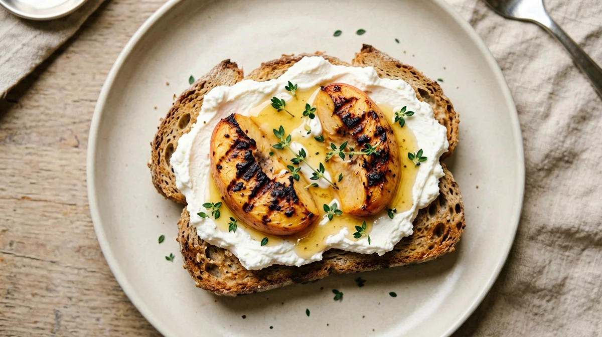 Toast with griddled peaches and light ricotta