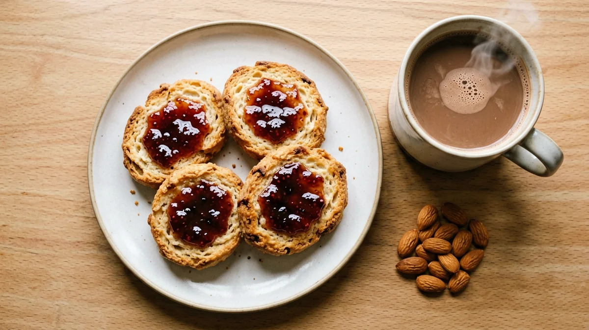 Rusks with jam and soy hot chocolate