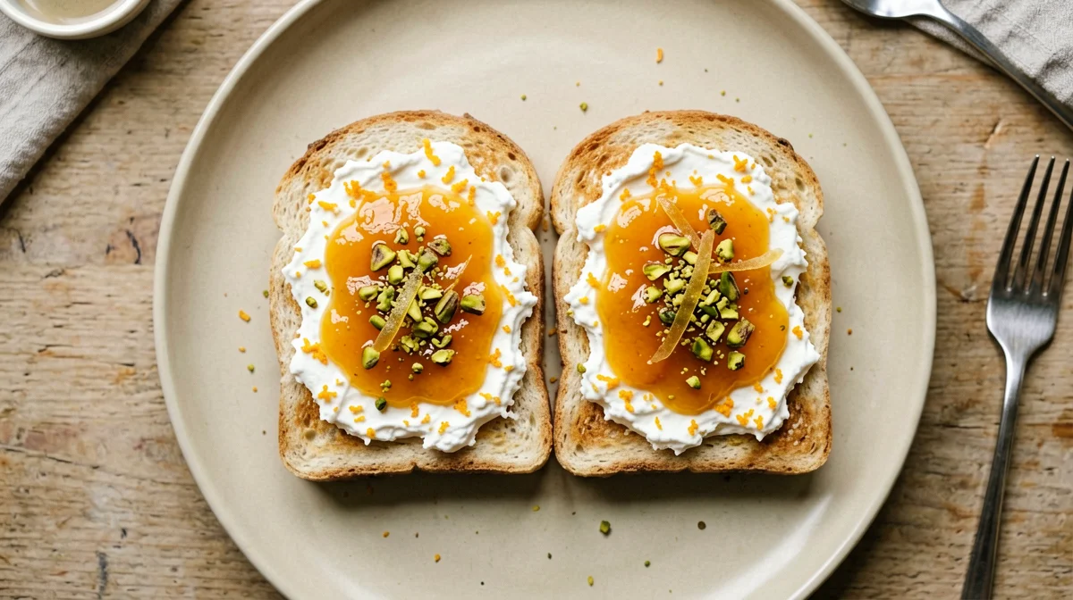 Pane in cassetta tostato con ricotta e marmellata d'arance