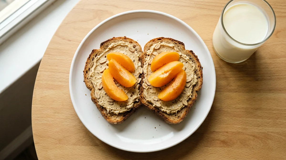 Whole wheat toast with almond cream and apricots