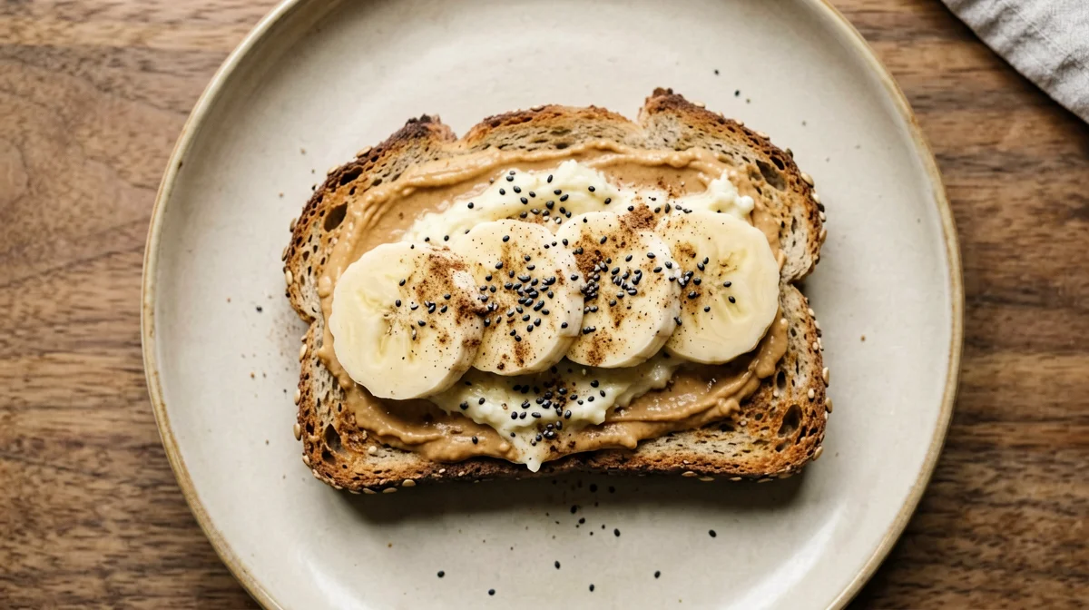 Multigrain toast with mashed banana, cinnamon and chia