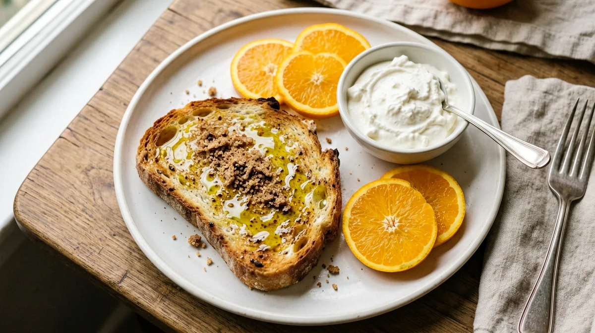 Country bread with olive oil, brown sugar and oranges