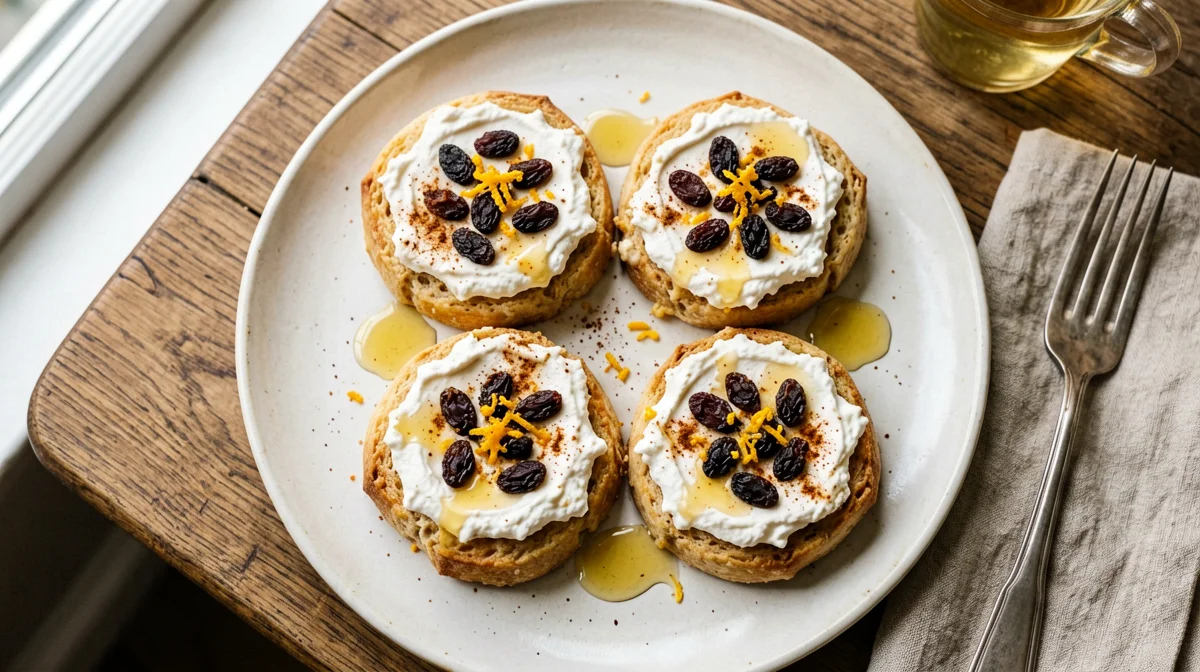 Rusks with sheep's ricotta, honey and raisins