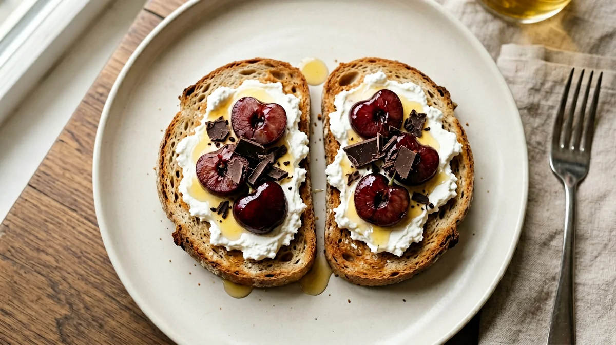 Toast integrale con ricotta, ciliegie e cioccolato fondente
