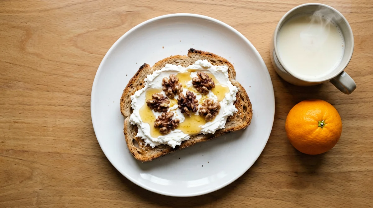 Tazza di latte caldo con pane integrale, ricotta e noci
