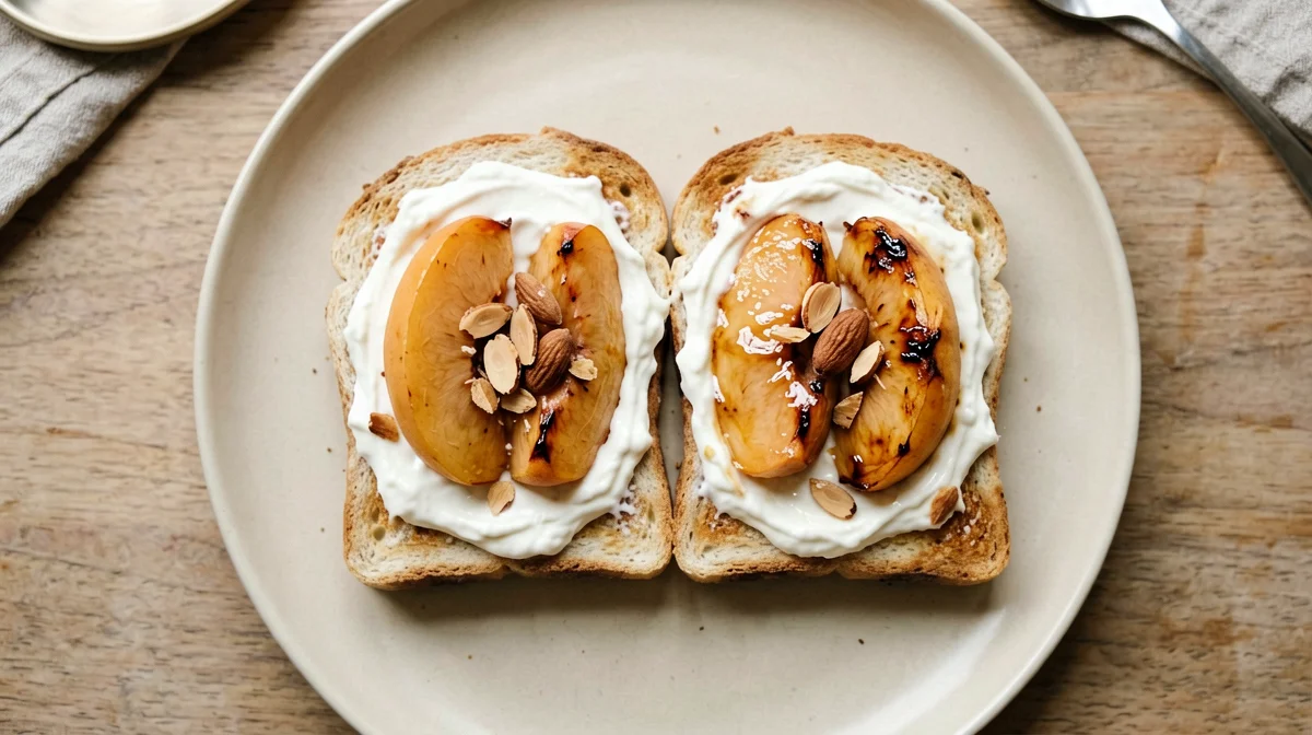 Toast with yogurt cream and roasted peaches