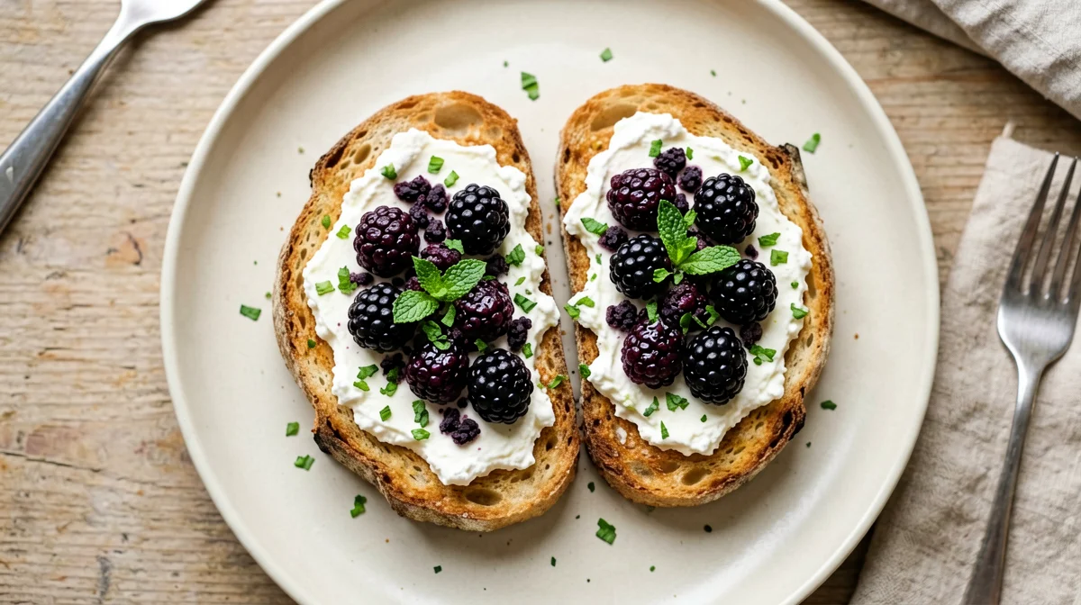 Sweet bruschetta with blackberries, ricotta and mint