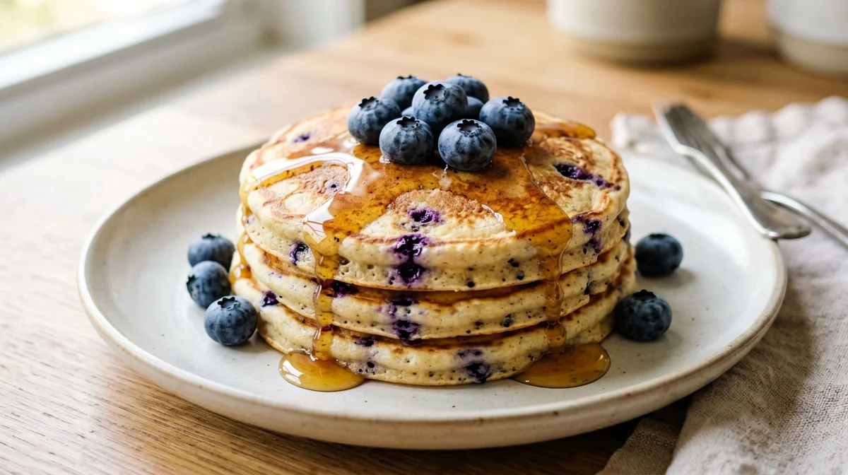Pancake vegani con bevanda di soia e mirtilli