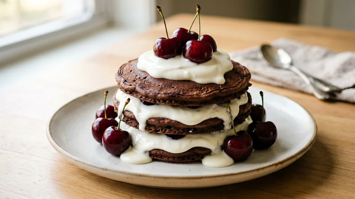 Cocoa pancakes with skyr and cherries