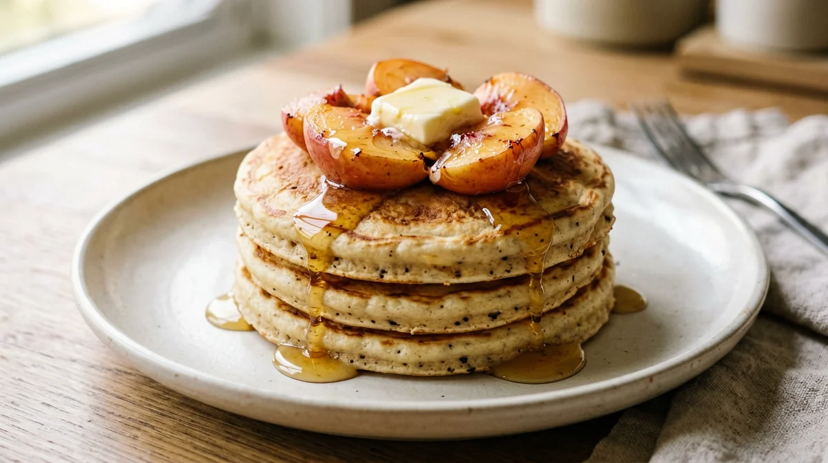 Spelt pancakes with sautéed peaches
