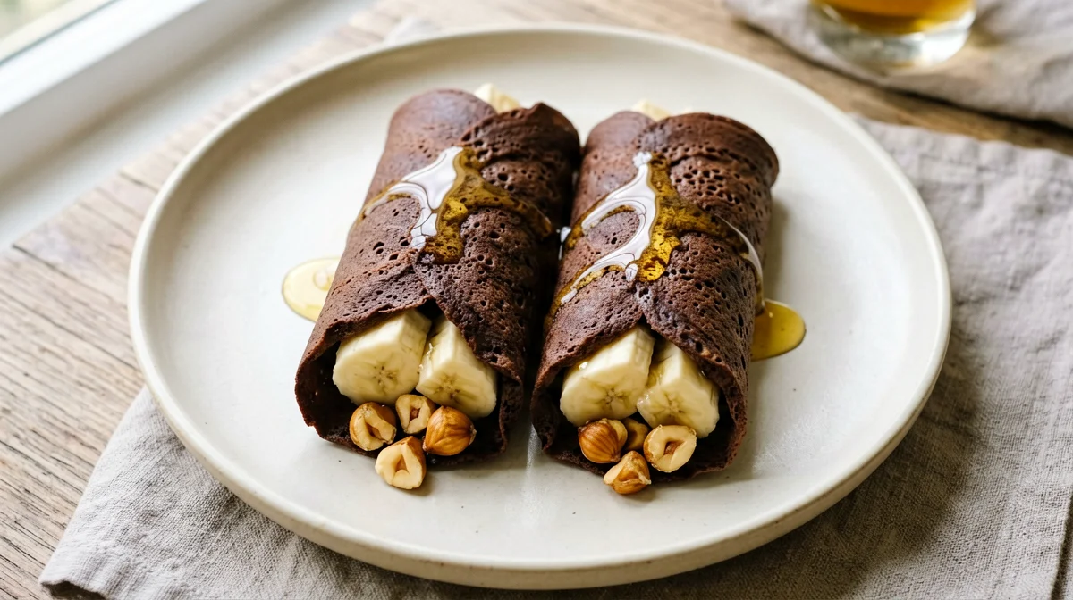 Cocoa crêpes with banana and hazelnuts