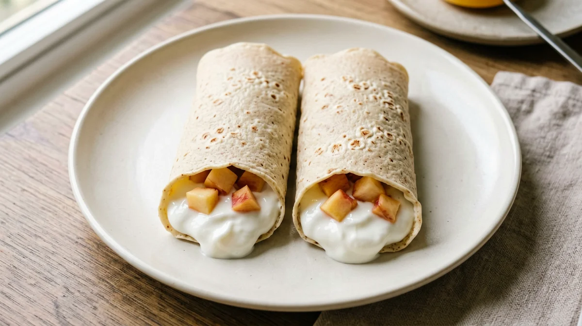 Egg white crêpes with yogurt cream and peaches