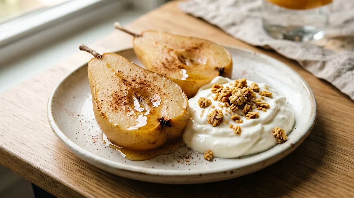 Baked pears with yogurt and granola