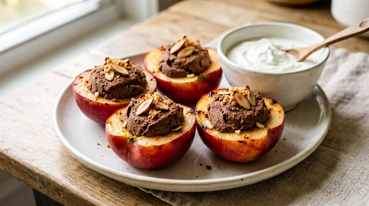 Baked peaches stuffed with almond and cocoa, with yogurt