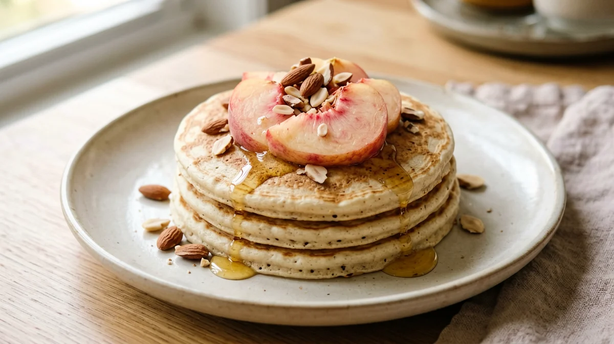 Kefir pancakes with peaches and almonds