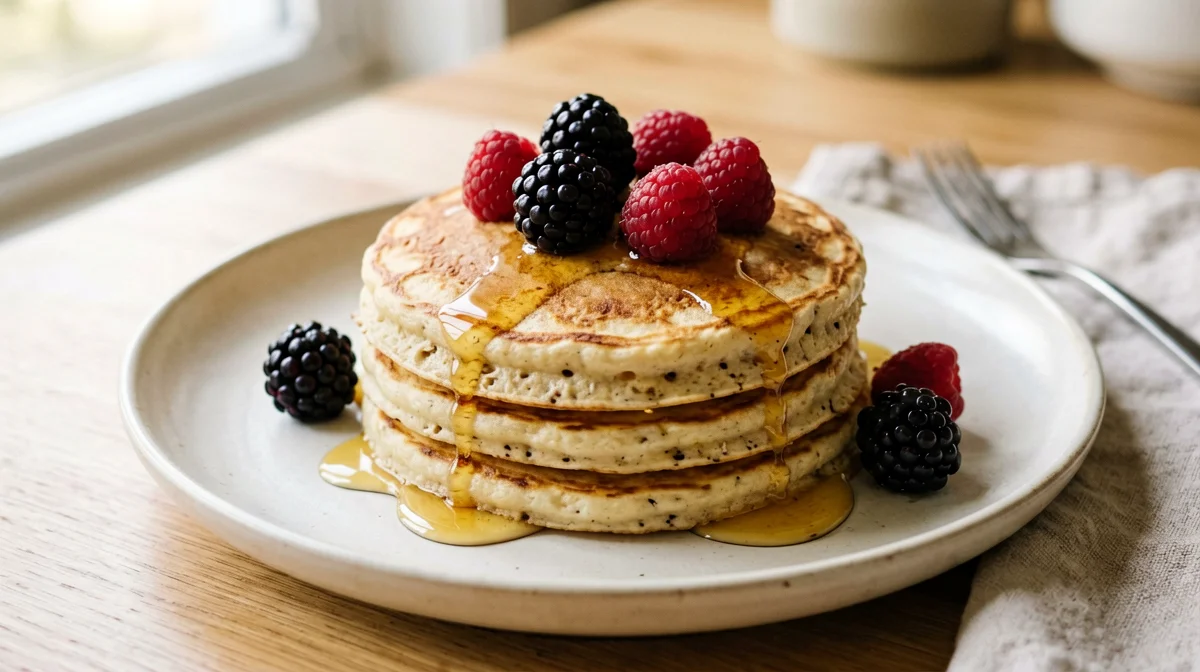Pancake di avena e fiocchi di latte con frutti di bosco