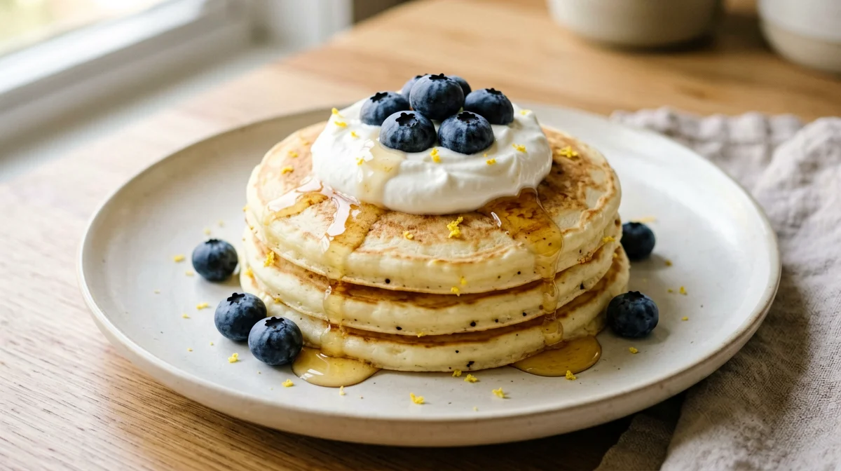 Lemon protein pancakes with skyr and blueberries