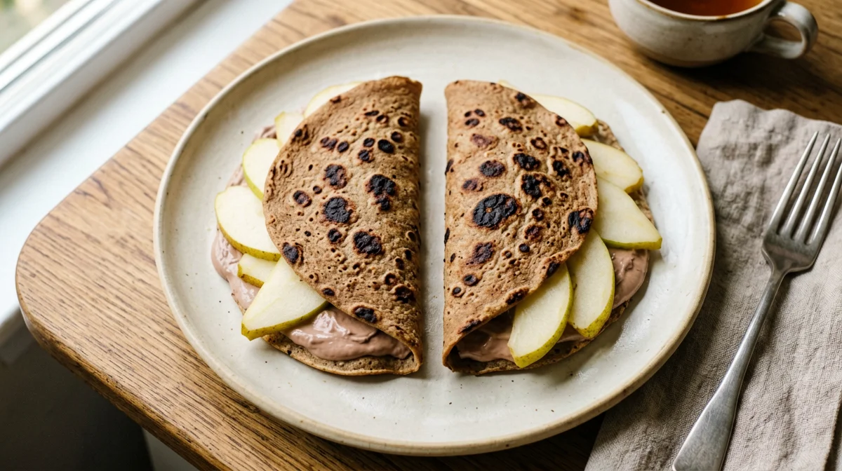 Chestnut crêpes with cocoa ricotta and pear