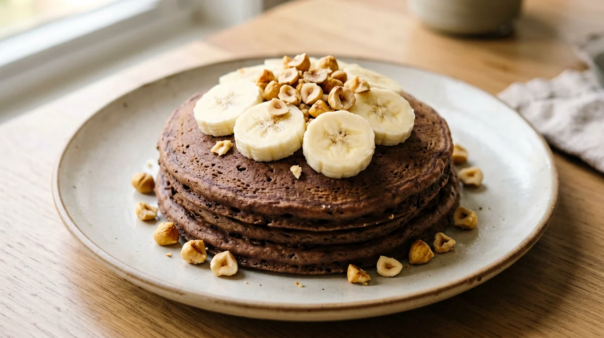 Pancake al cacao vegani con banana e nocciole