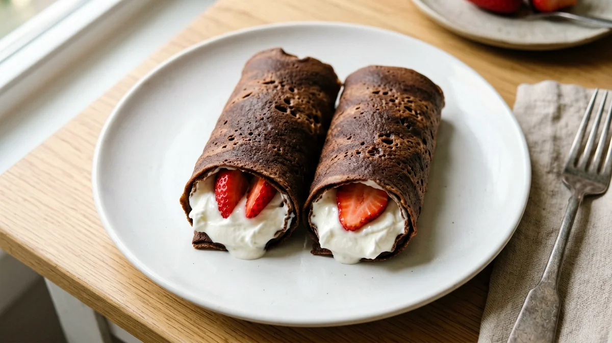 Cocoa protein crêpes with cottage cheese and strawberries