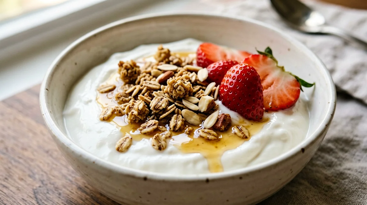 Homemade honey granola with Greek yogurt and strawberries