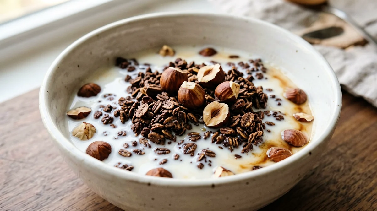 Granola alle nocciole e cacao con latte freddo