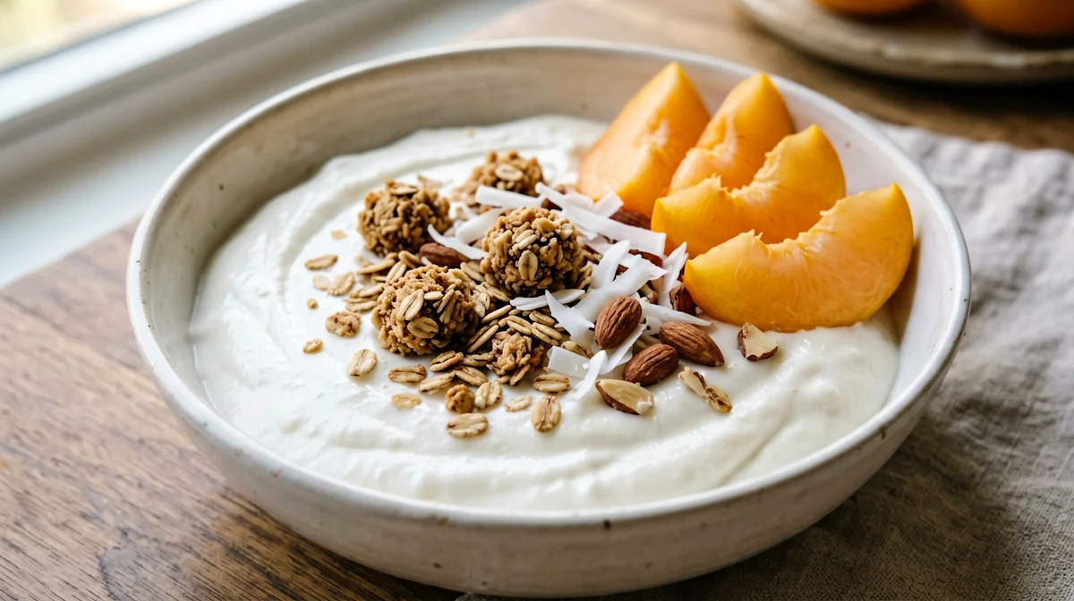 Granola al cocco e mandorle con skyr e albicocche