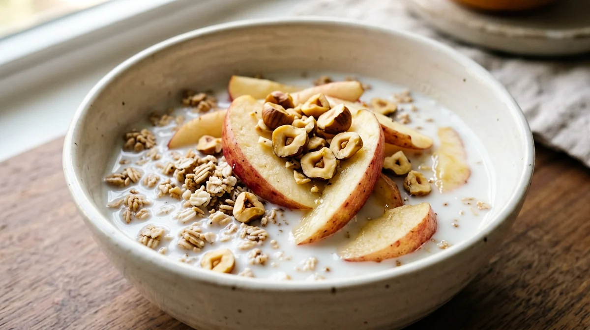 Muesli con latte, mela grattugiata e nocciole