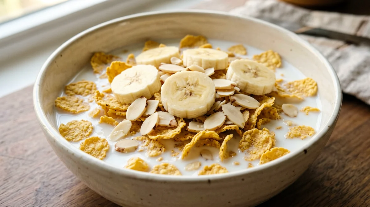 Corn flakes con latte, banana e mandorle