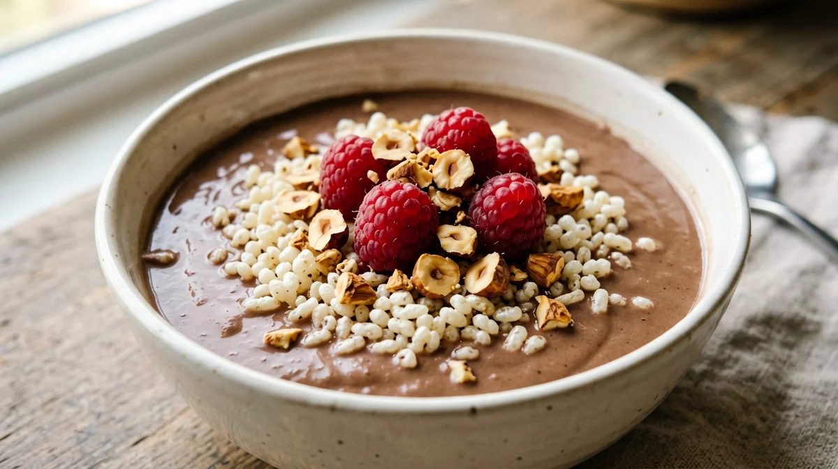 Riso soffiato con latte al cacao e lamponi