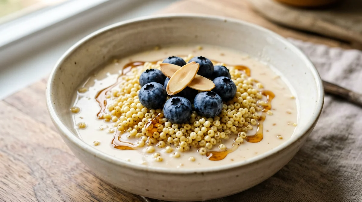 Puffed millet with almond milk and blueberries