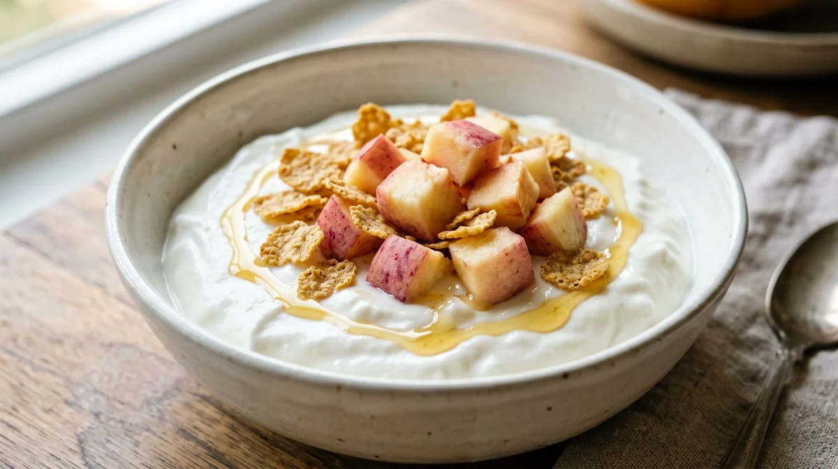 Corn flakes with Greek yogurt and peach