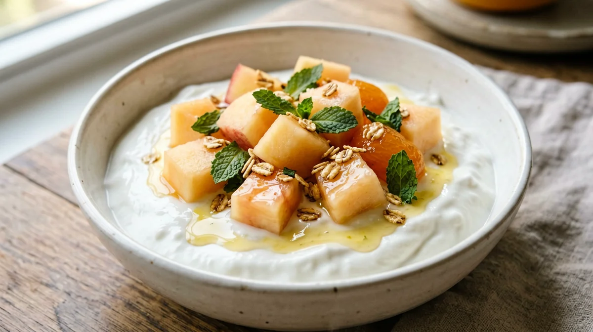 Macedonia di stagione con yogurt greco e menta