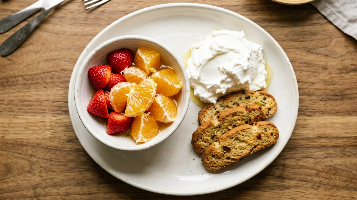 Lemony strawberries and oranges with ricotta and rusks