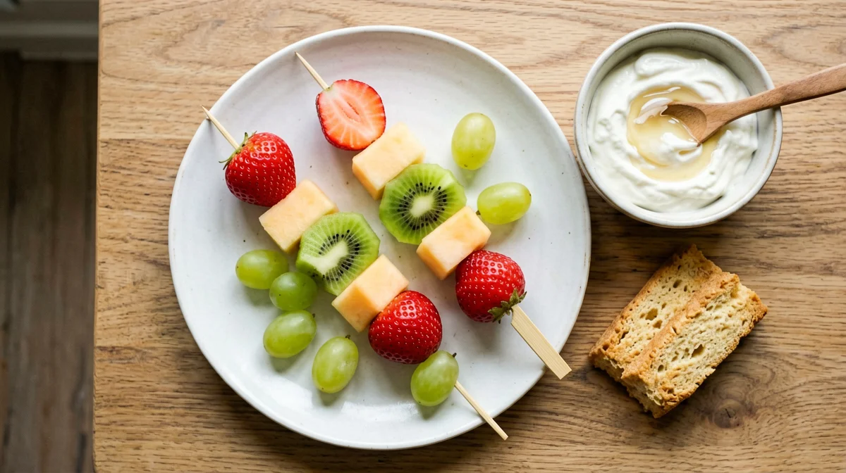 Fruit skewers with honey yogurt dip