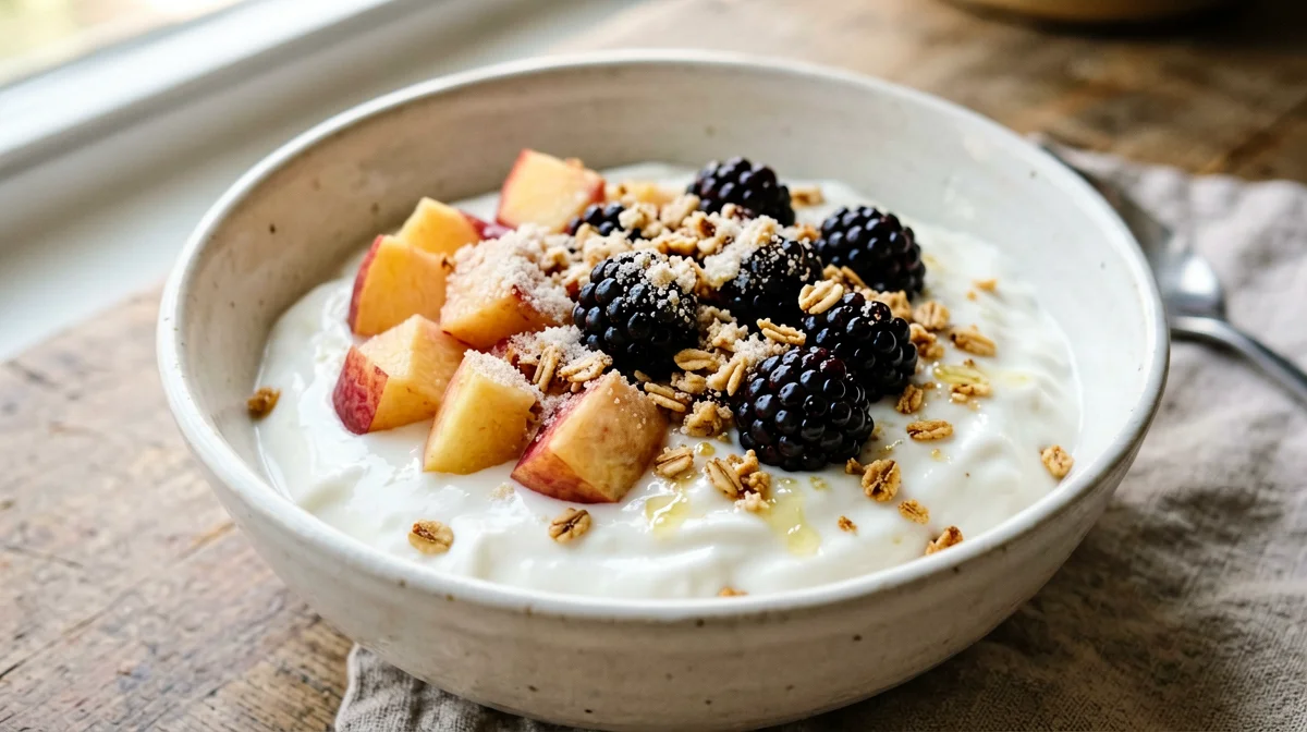 Peaches and blackberries with oat crumble and yogurt