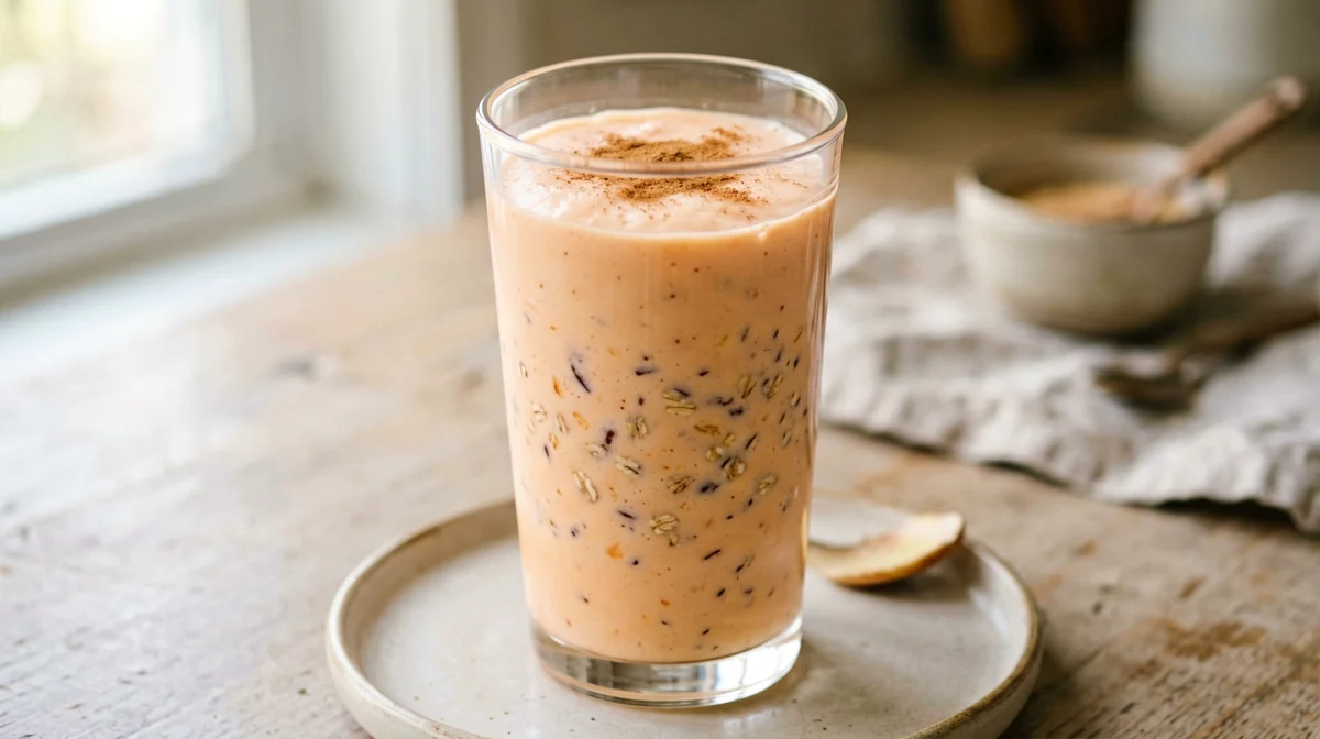 Frullato vegano di pesche, avena e bevanda di soia