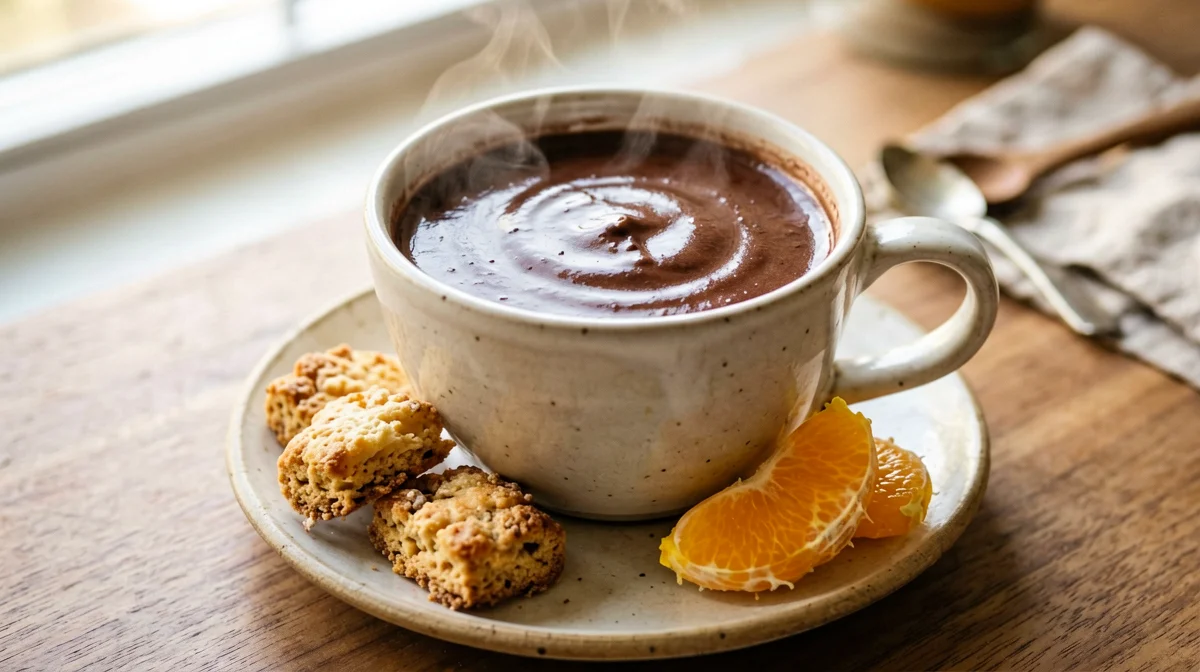 Light hot chocolate with rusks and orange