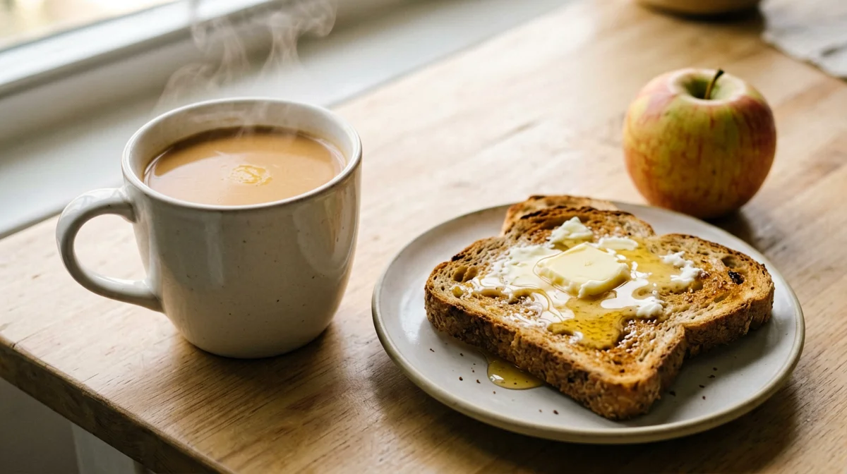 Latte caldo al malto d'orzo con pane integrale e miele
