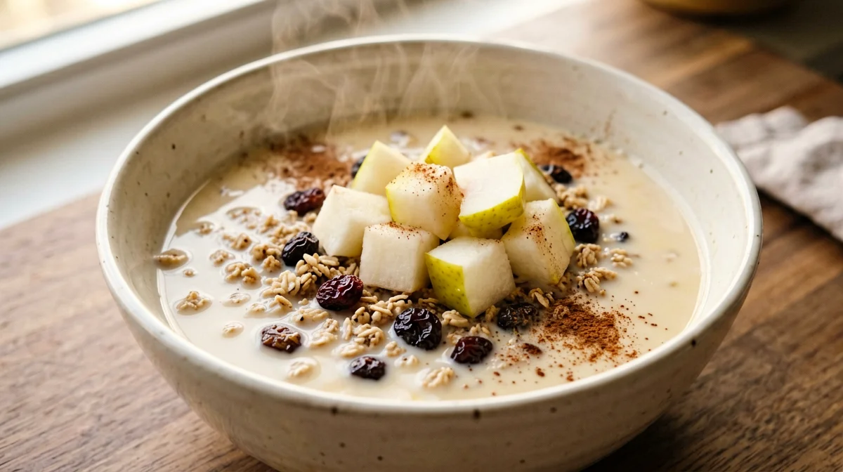 Bevanda di soia calda alla cannella con muesli e pera