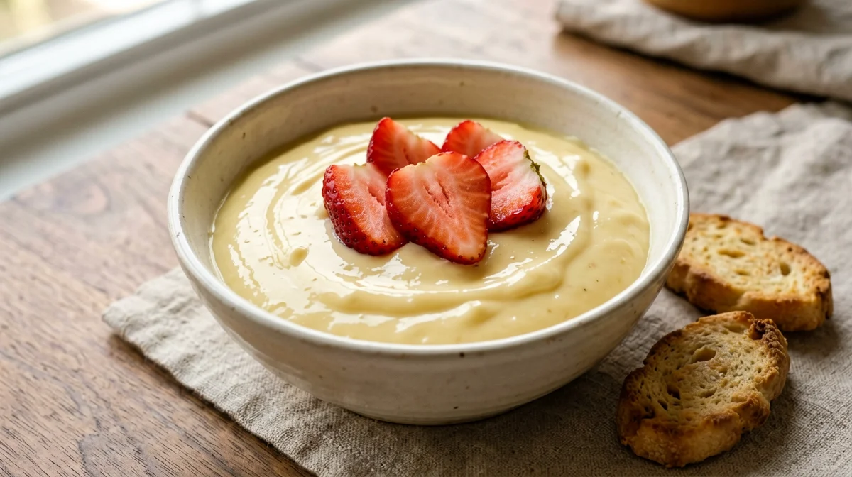 Light custard with strawberries and rusks