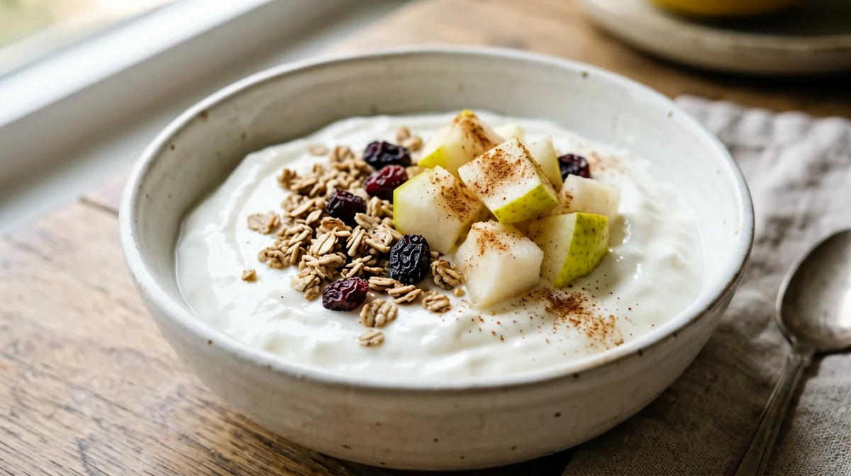Greek yogurt with muesli and pear