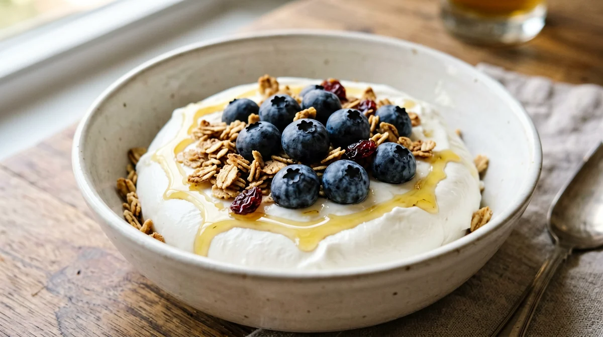 Ricotta light con muesli tostato e mirtilli