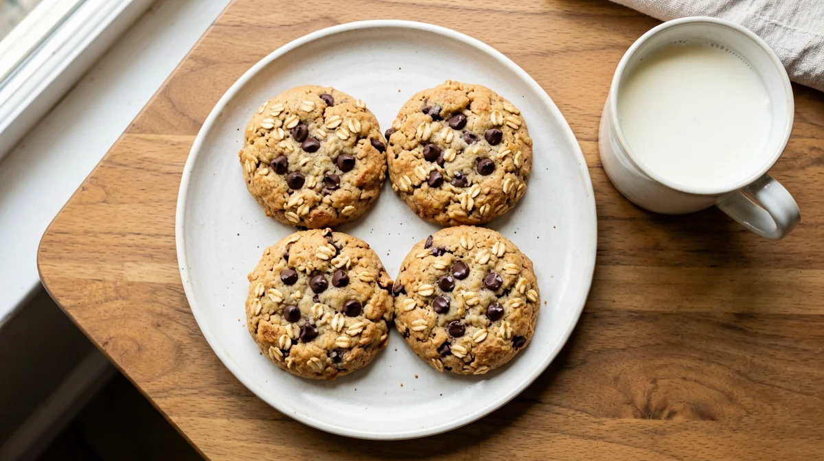 Biscotti morbidi di avena e banana con una tazza di latte