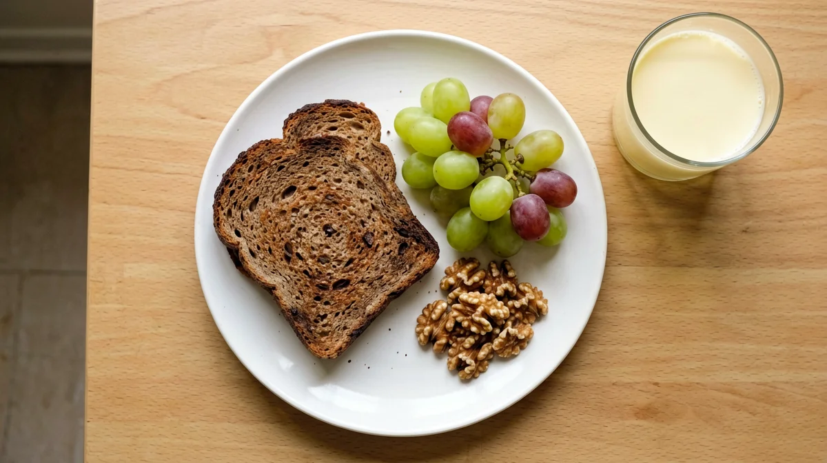 Grapes, walnuts and rye bread with almond milk