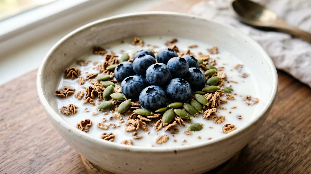 Bowl di fiocchi di crusca, latte e mirtilli