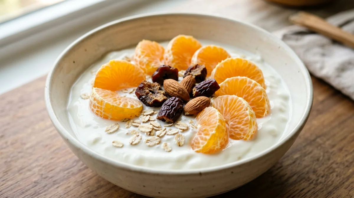 Mandarini, datteri e mandorle con yogurt di soia