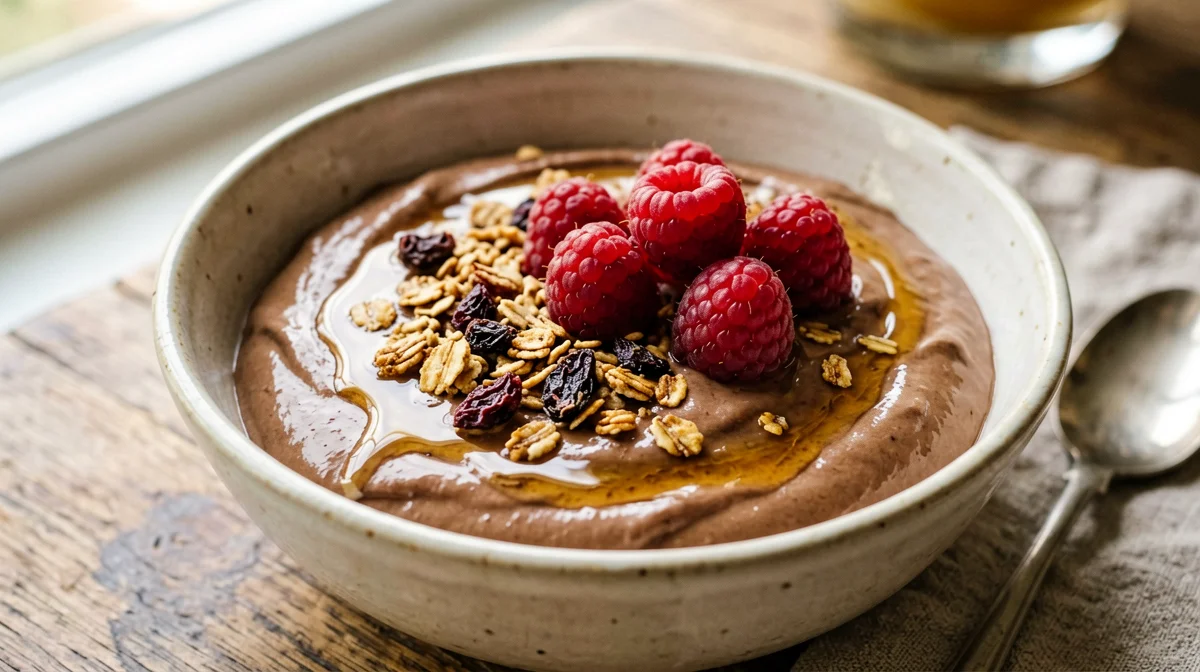 Yogurt greco al cacao con muesli croccante e lamponi
